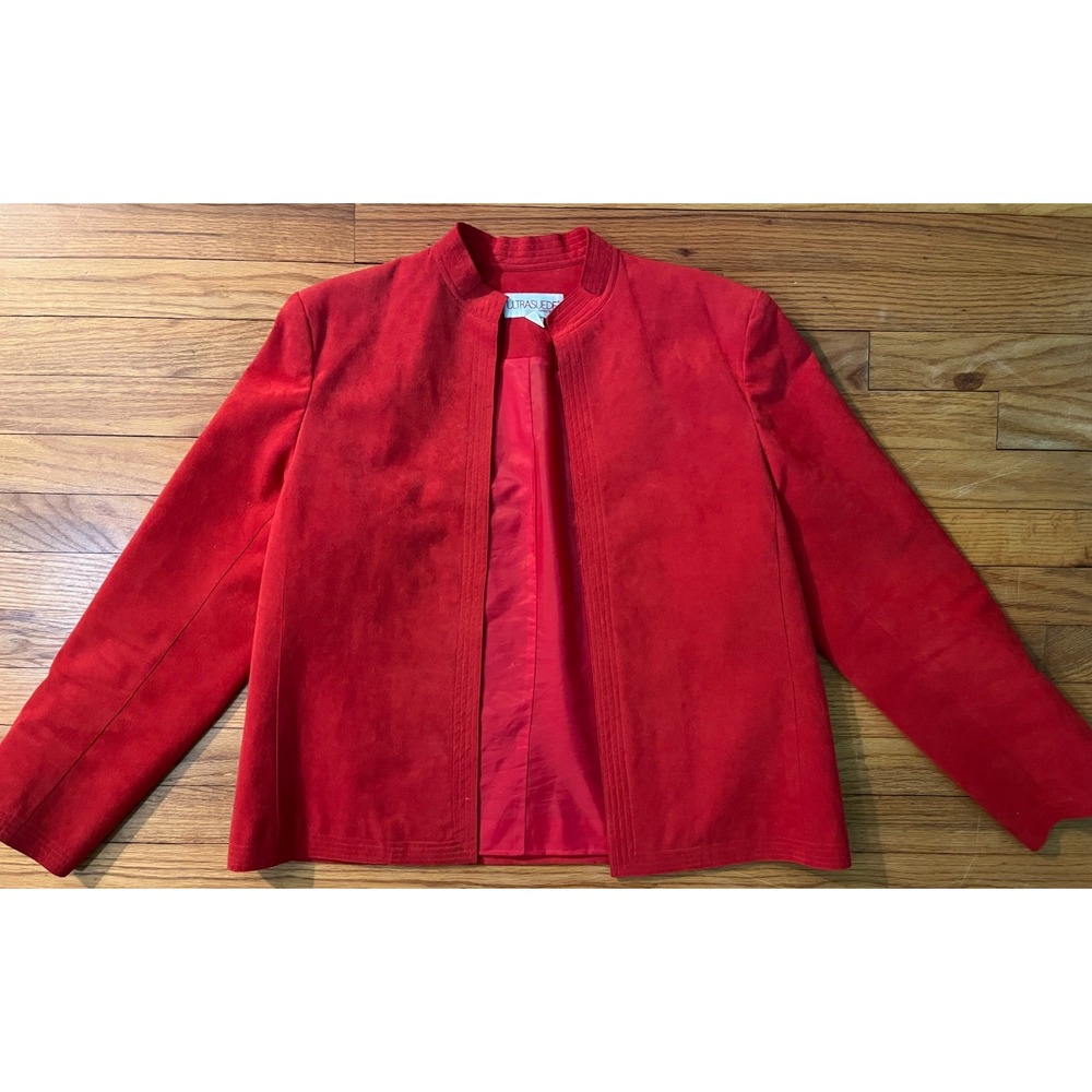 Vintage Ultra Suede Red Open Front Blazer Jacket Women 14 Retro 80s 90s Classic